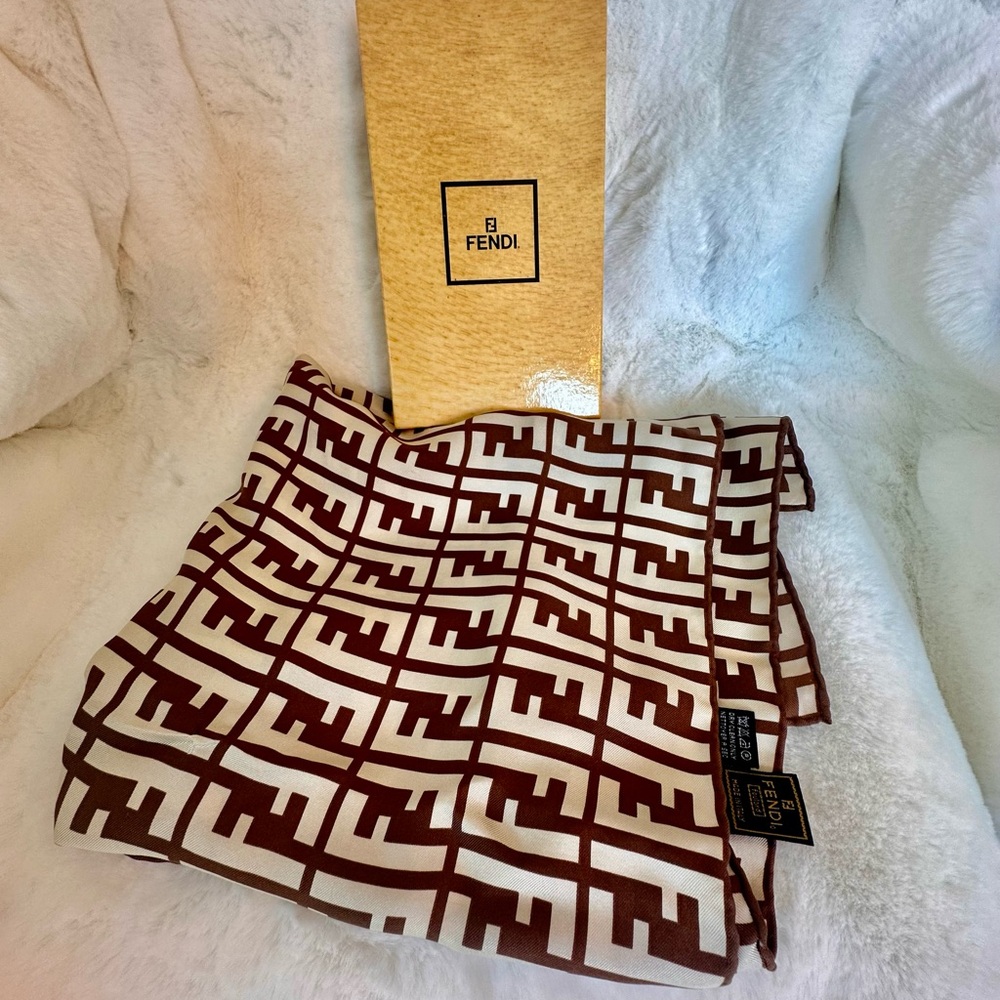 🌺SOLD🌺 Fendi  Brown and Cream Zucca Printed Silk Scarf